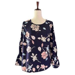 Anthropologie Skies are Blue Navy Boho Peasant Floral Print Bell Sleeves Top Lrg